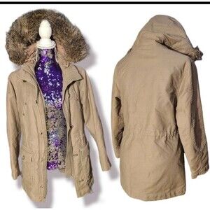 Tan Y2K Anorak Heavy Utility Coat with Fur Trim Hood Cargo Gap Size XS Gorpcore